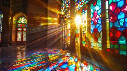 Sunlight streaming through stained glass window