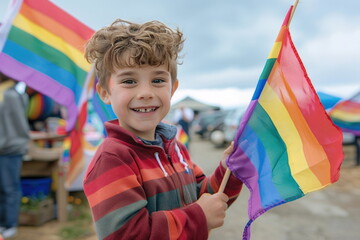 happy child holding LGBTQ flags, festival