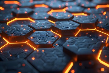 Obraz premium Futuristic Hexagonal Circuit Board with Glowing Orange Connections - Perfect for Technology Design, Digital Art, and Posters