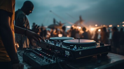 Night beach music party. Professional sound system dj console.