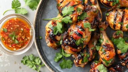 A high-angle shot of a plate of grilled chicken garnished with cilantro, served with a tangy Thai dipping sauce