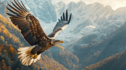 Obraz premium Soaring bald eagle with wings spread wide against mountain backdrop