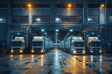 The truck in the logistics center is preparing to load or unload goods from the warehouse. A truck near the warehouses of the logistics center