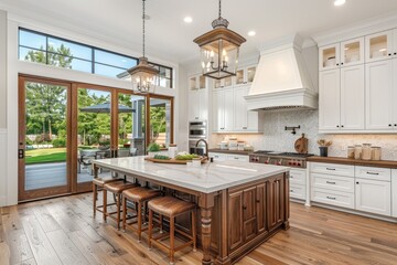 Fototapeta premium Luxurious kitchen with wooden accents, high ceilings, modern appliances, natural light, stylish design, elegant decor