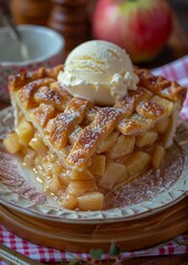 Apple Pie - A slice of apple pie with a lattice crust, served with vanilla ice cream. 