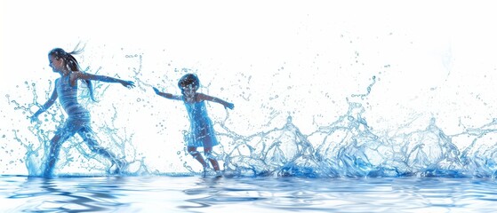 Woman with child running through shallow water it splashes in all directions in one movement
