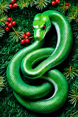 A green snake lies on the green fir branches