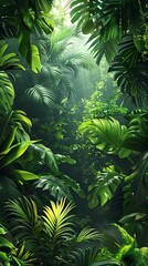 A digital artwork capturing the essence of tropical foliage. The dense leaves and vibrant greens create a rich and inviting scene, ideal for depicting the lush vegetation of a tropical landscape.