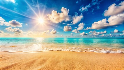 Abstract blur defocused background. Tropical summer beach with golden sand, turquoise ocean and blue sky with white clouds on bright sunny day. Colorful landscape for summer holidays