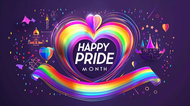 A dark purple with a glowing rainbow ribbon heart banner and "HAPPY PRIDE MONTH", highlighted by designs of enchanted castles and joyous festivals