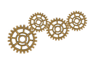 Gear and cogs wheels isolated on a white background, clock mechanism, brass metal engine industrial.