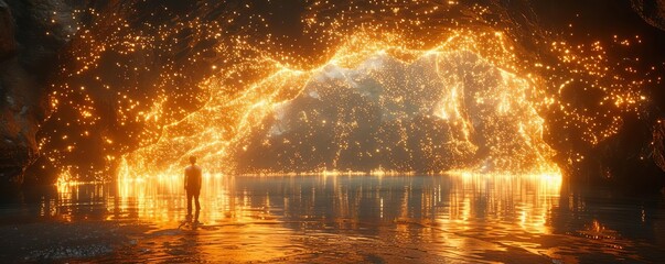 Silhouette of a person creating light painting with sparks inside a cave, isolated on a dark background, with space for text