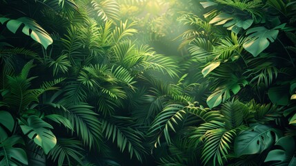 A digital illustration of a tropical forest, with dense foliage and vibrant green leaves. The minimalist style emphasizes the lush vegetation and the peacefulness of the natural environment.