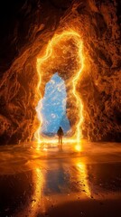 Obraz premium Silhouette of a person creating light painting with sparks inside a cave, isolated on a dark background, with space for text