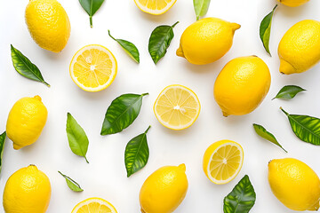 Vibrant Lemon Harvest Fresh Whole and Sliced Citrus Fruit on White Background