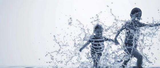 Children hold hands and play in the water on white background with place for edit 
