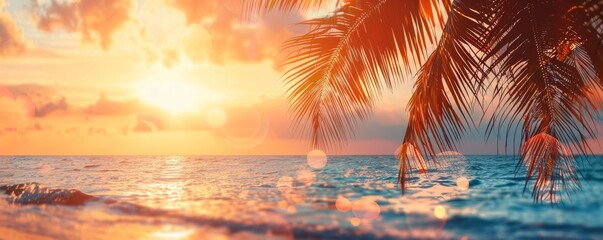 Beach sunset, palm trees, serene view, close up, focus on, copy space, warm hues, Double exposure silhouette with palms