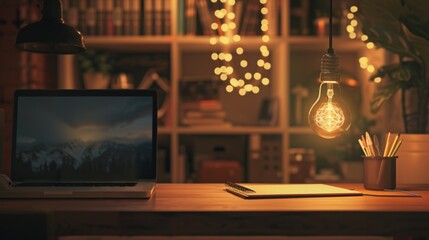 A light bulb casting a soft glow on a modern workspace, with a laptop and notebook in view