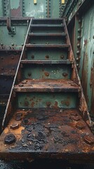 Industrial podium, rusted metal, urban decay, low angle, gritty look