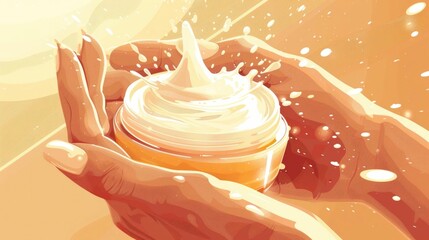 Close up of female hands gently massaging and applying a luxurious nourishing skincare cream or moisturizer emphasizing the rich creamy texture and the process of absorption into the skin for a