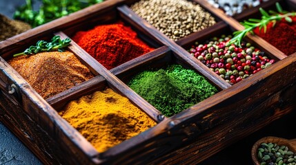 Fototapeta premium a wooden box overflowing with a vibrant assortment of spices and herbs, each detail meticulously captured to showcase their rich colors and textures.
