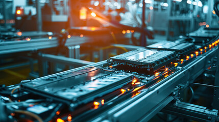 Detailed view of lithium-ion battery cells being inspected on a production line, emphasizing high-capacity energy solutions for electric vehicles in an industrial setting.