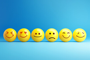 Naklejka premium Six yellow emojis with various expressions on a blue background