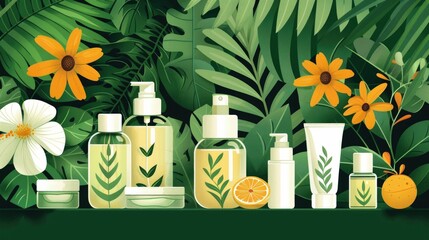 showcasing the harmonious blend of nature and science in creating an eco friendly botanical infused skincare product display The arrangement features various bottles jars and packages of serums
