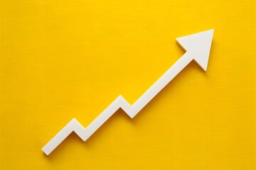 Graphical representation of growth with upward arrow on bright yellow background, indicating rising trend