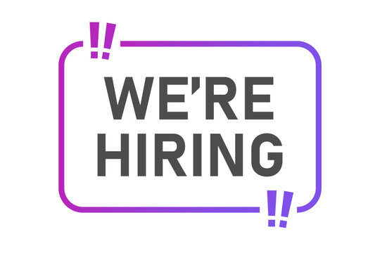 We are hiring text in frame. Banner design element, job vacancy poster advertisement, speech bubble, looking for employees and job offering. Flat vector illustration isolated.