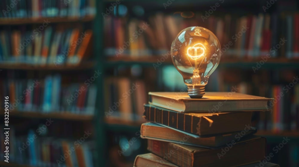 Poster A light bulb on a stack of books, representing knowledge and enlightenment
