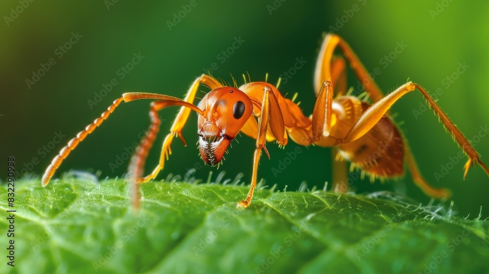 Poster a macro shot of a single ant on a green leaf, highlighting the intricate details of its body and ant