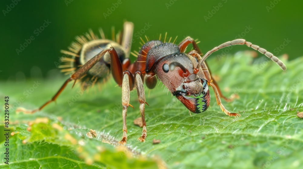 Poster a macro shot of a single ant on a green leaf, highlighting the intricate details of its body and ant