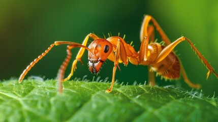 A macro shot of a single ant on a green leaf, highlighting the intricate details of its body and antennae