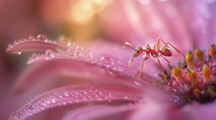 A macro shot of an ant climbing a flower stem, with morning dew drops adding a fresh and vibrant look