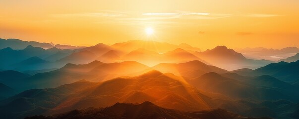 Sunrise over mountains, golden light, breathtaking view, close up, focus on, copy space, warm hues, Double exposure silhouette with sunrise