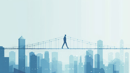 Obraz premium Elegant minimalist illustration of a businessman navigating a graph bridge over a city skyline, capturing themes of financial strategy and urban business growth.