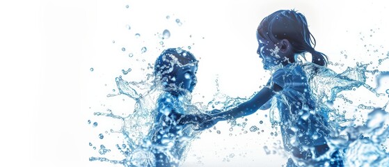 children playing in water on white background