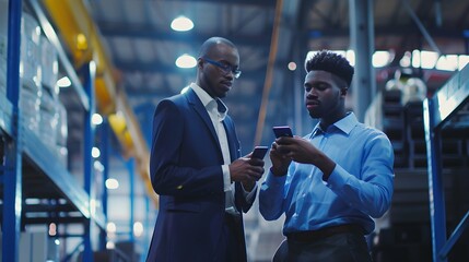 Young businessman discussing over smart phone with colleague at industry