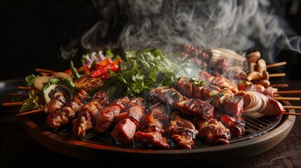 A platter of assorted meats and vegetables ready to be cooked on a Thai BBQ grill, with a smoky background