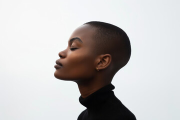 A woman with her eyes closed, peacefully meditating in a black top.