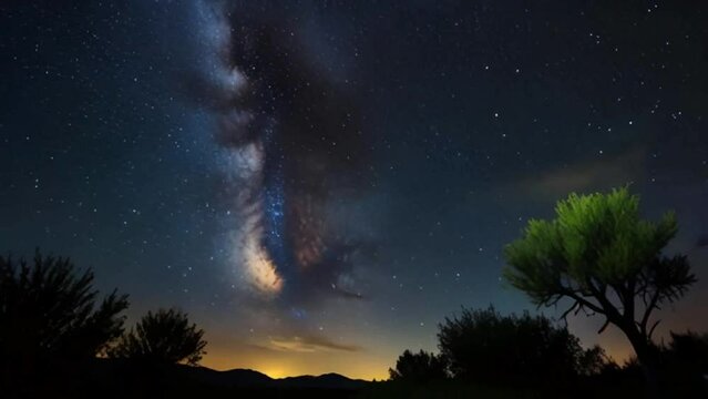 Loop of A scenic static night timelapse of a dead Acacia tree with the Milky Way twisting through a dark landscape scene and the moon rises to light up the landscape