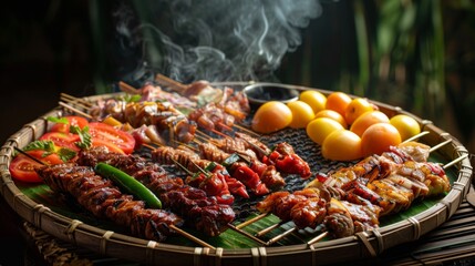 A platter of assorted meats and vegetables ready to be cooked on a Thai BBQ grill, with a smoky background