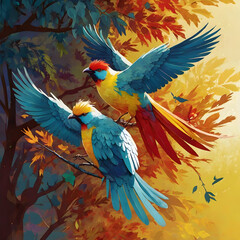 Obraz premium Three vibrantly colored birds, each a symbol - yellow for joy, red for passion, and blue for serenity - perch gracefully on a verdant branch