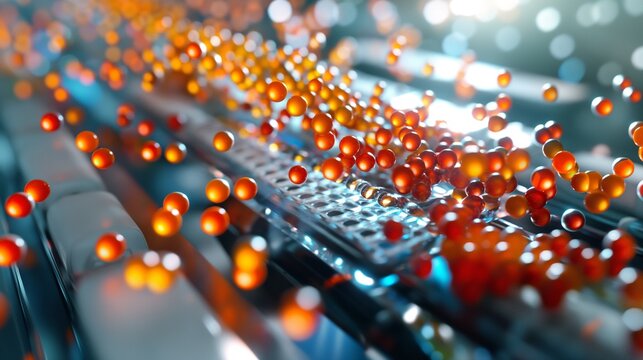 An artistic rendering of a quantum dot display fabrication process, showing the precise placement of quantum dots for high-resolution screens.