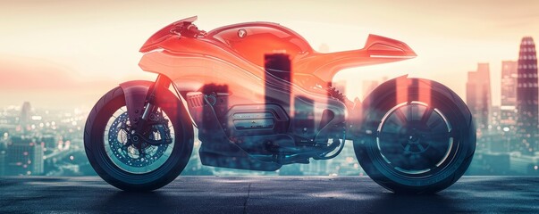 Electric motorcycle, modern design, city commute, close up, focus on, copy space, sleek colors, Double exposure silhouette with skyline