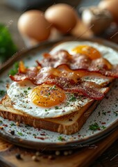 Bacon and Eggs - Crispy bacon and sunny-side-up eggs on a plate. 