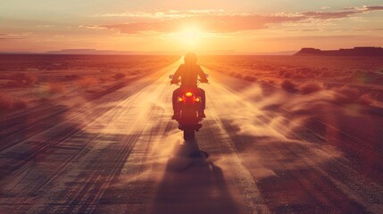 Motorcycle desert highway, endless horizon, close up, focus on, copy space, warm tones, Double exposure silhouette with dunes