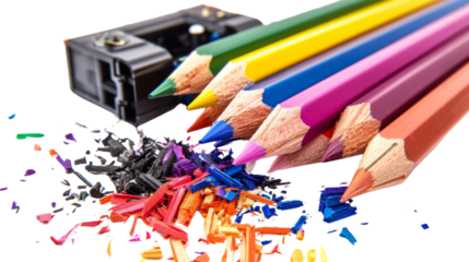 Set of colored pencils of different colors and a sharpener 