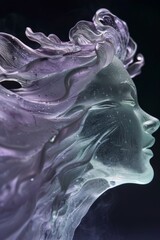 Fototapeta premium Female face made of glass, semi-transparent with a slight colour gradient on a black background 